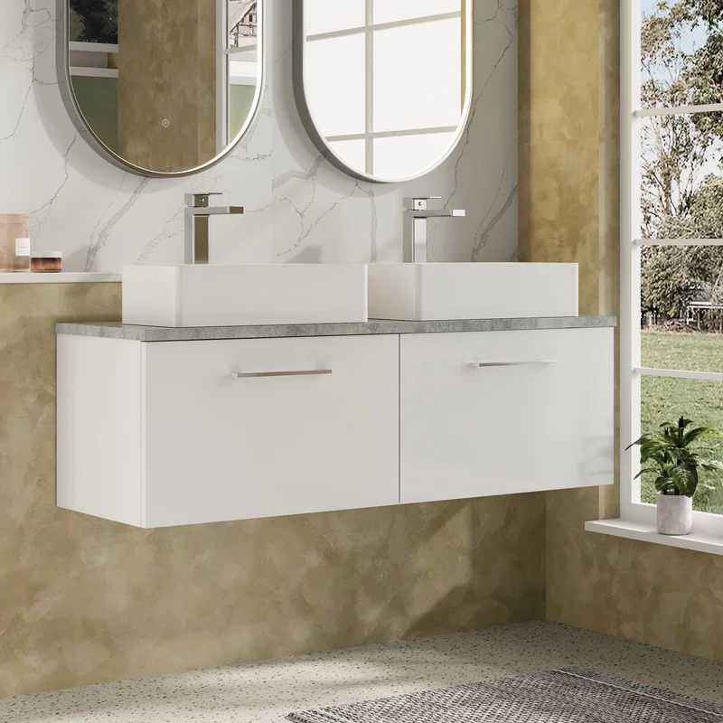 Lana 1200mm Wall Hung 2 Drawer Vanity Unit & Bellato Grey Laminate Worktop - White Gloss