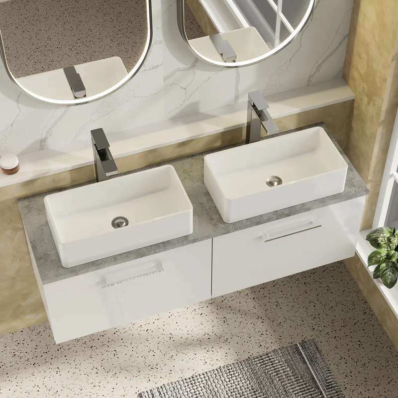 Lana 1200mm Wall Hung 2 Drawer Vanity Unit & Bellato Grey Laminate Worktop - White Gloss