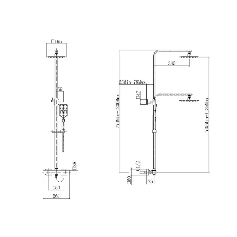 Eliseo Ricci Cube Thermostatic Rain Shower with Diverter - Gunmetal
