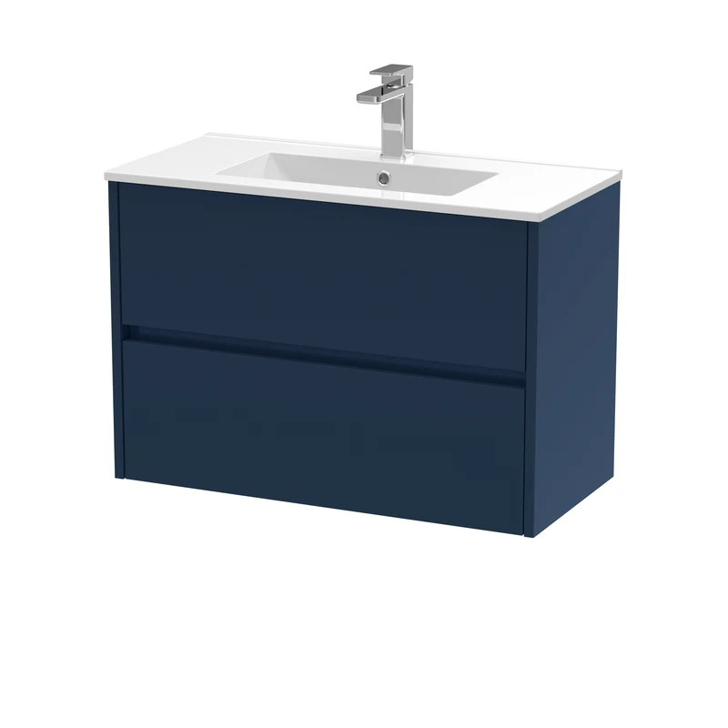 Havana 800mm Wall Hung 2 Drawer Vanity Unit & Minimalist Ceramic Basin - Midnight Blue Satin