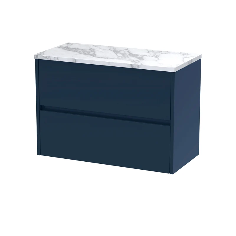 Havana 800mm Wall Hung 2 Drawer Vanity Unit & Carrera Marble Laminate Worktop - Midnight Blue Satin