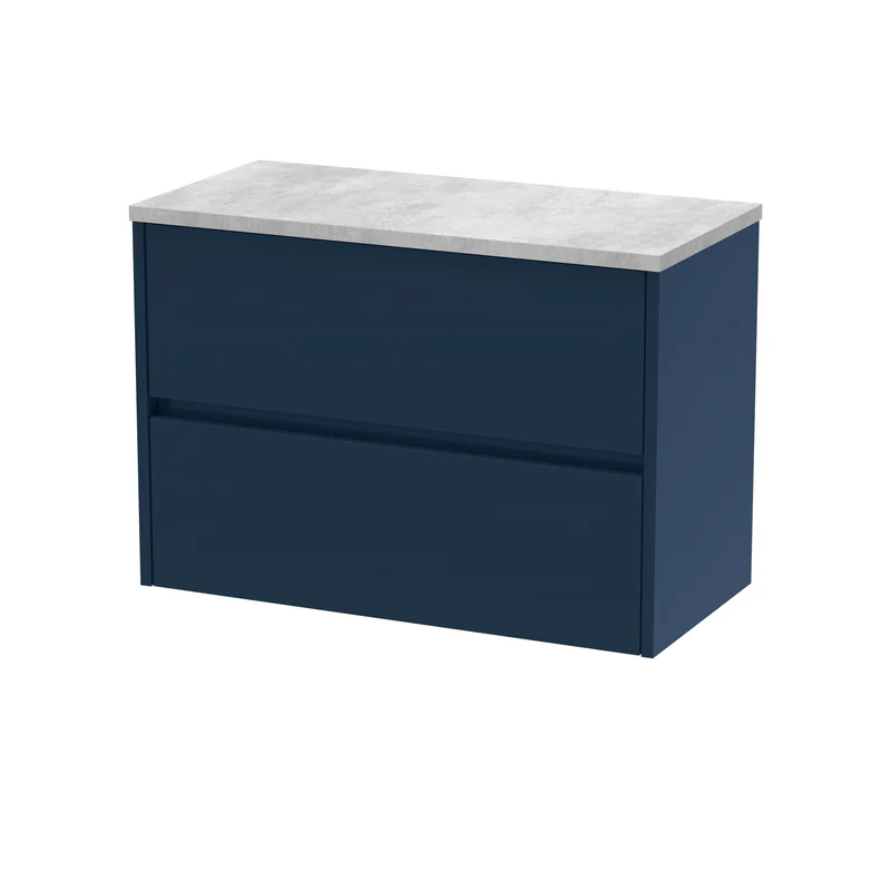 Havana 800mm Wall Hung 2 Drawer Vanity Unit & Bellato Grey Laminate Worktop - Midnight Blue Satin
