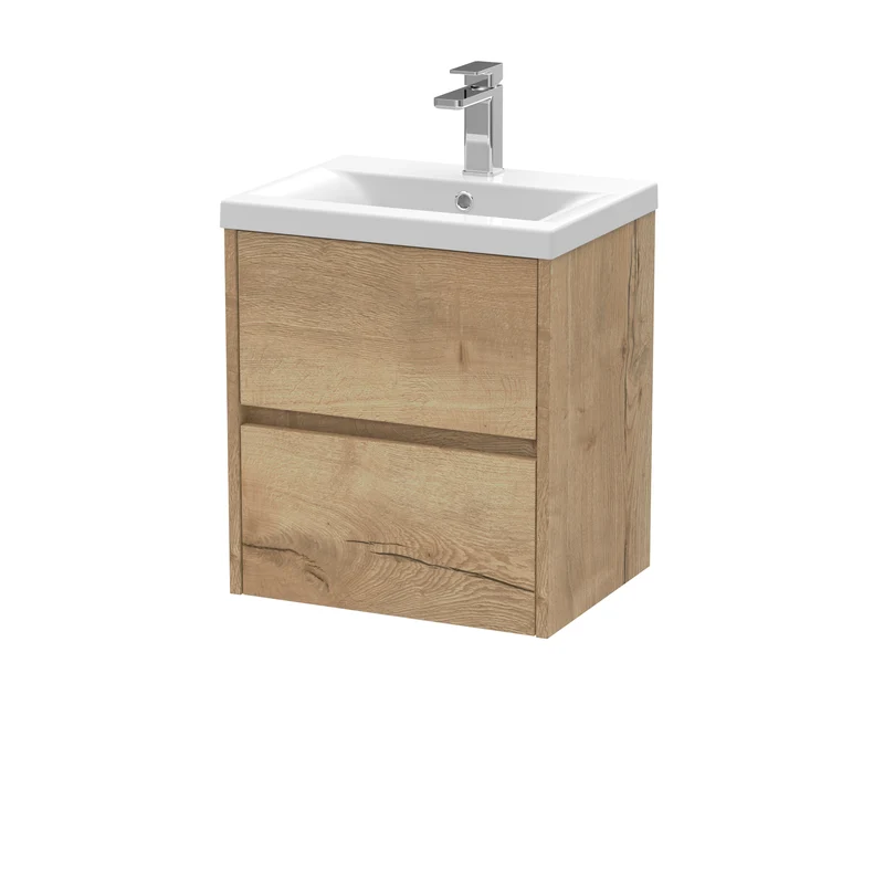 Havana 500mm Wall Hung 2 Drawer Vanity Unit & Mid Edge Ceramic Basin - Autumn Oak Woodgrain