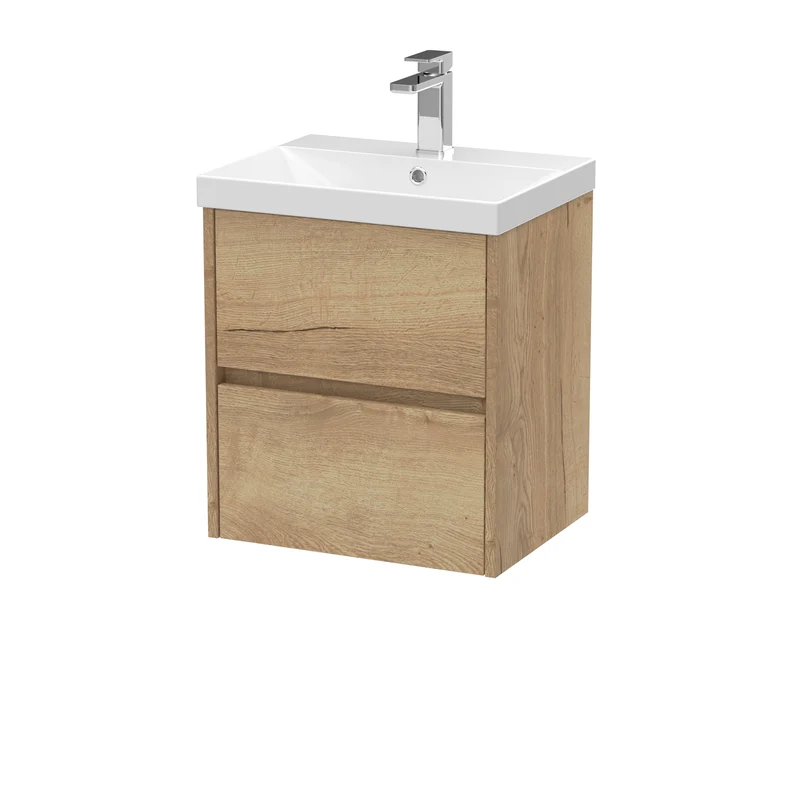 Havana 500mm Wall Hung 2 Drawer Vanity Unit & Thin Edge Ceramic Basin - Autumn Oak Woodgrain