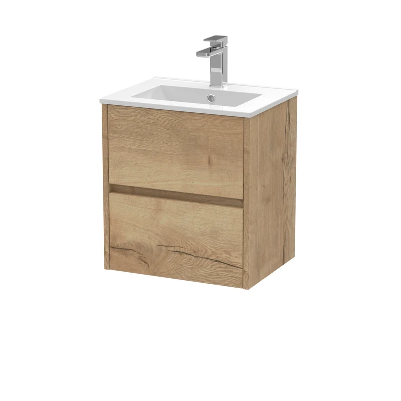 Havana 500mm Wall Hung 2 Drawer Vanity Unit & Minimalist Ceramic Basin - Autumn Oak Woodgrain