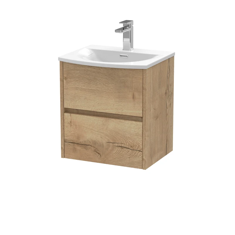 Havana 500mm Wall Hung 2 Drawer Vanity Unit & Curved Ceramic Basin - Autumn Oak Woodgrain