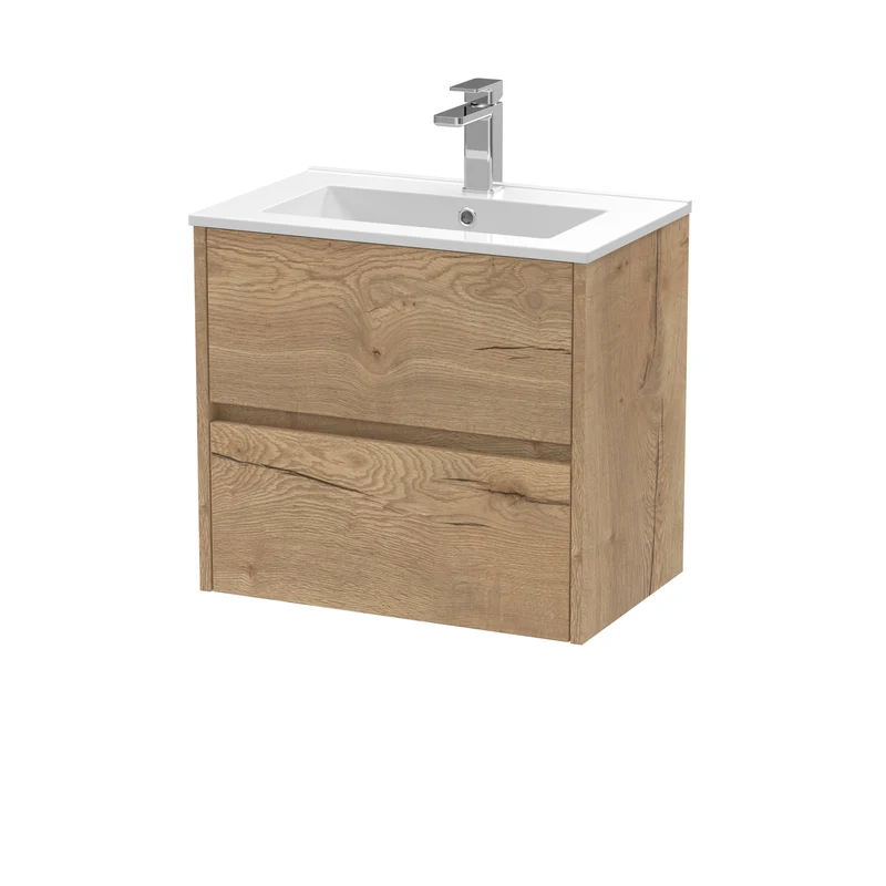 Havana 600mm Wall Hung 2 Drawer Vanity Unit & Minimalist Ceramic Basin - Autumn Oak Woodgrain