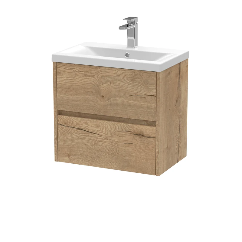 Havana 600mm Wall Hung 2 Drawer Vanity Unit & Mid Edge Ceramic Basin - Autumn Oak Woodgrain