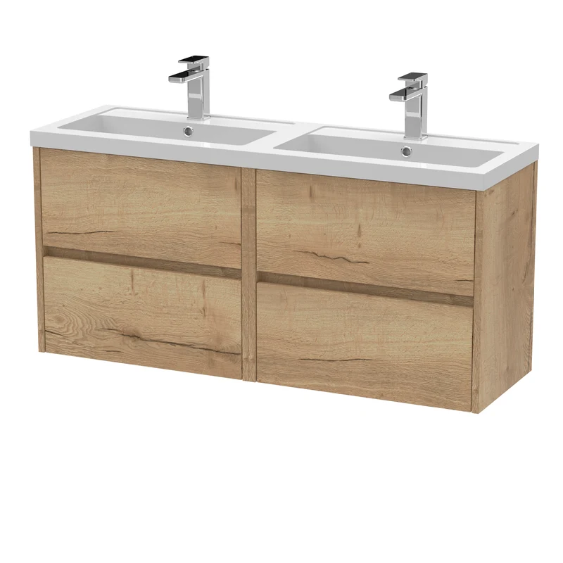 Havana 1200mm Wall Hung 4 Drawer Vanity Unit & Double Polymarble Basin - Autumn Oak Woodgrain