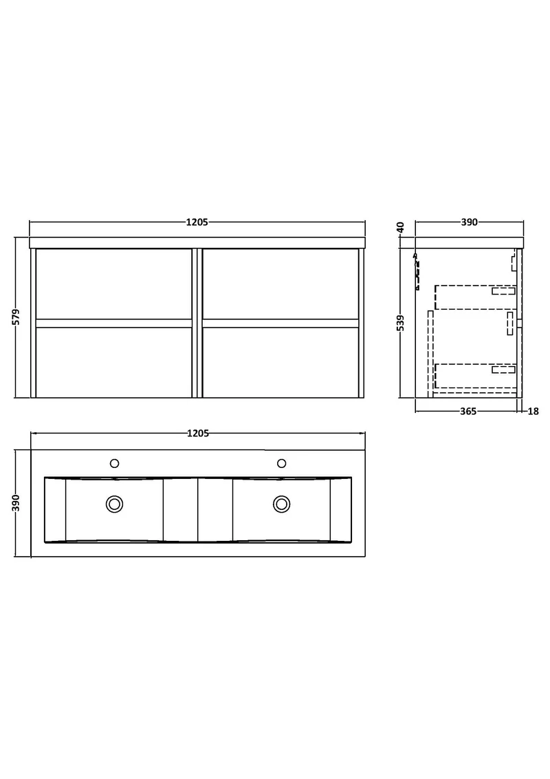 Havana 1200mm Wall Hung 4 Drawer Vanity Unit & Double Ceramic Basin - Autumn Oak Woodgrain