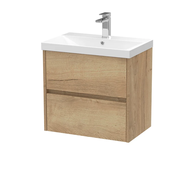 Havana 600mm Wall Hung 2 Drawer Vanity Unit & Thin Edge Ceramic Basin - Autumn Oak Woodgrain
