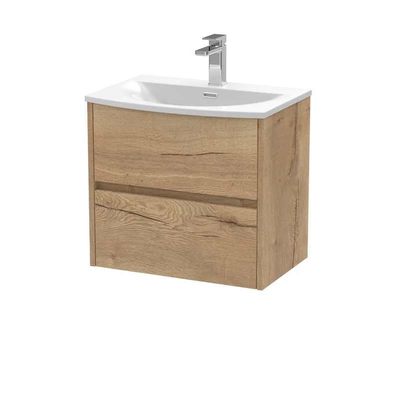 Havana 600mm Wall Hung 2 Drawer Vanity Unit & Curved Ceramic Basin - Autumn Oak Woodgrain
