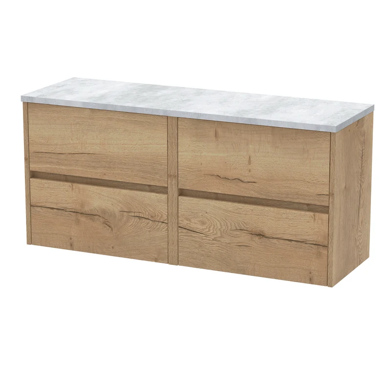 Havana 1200mm Wall Hung 4 Drawer Vanity Unit & Bellato Grey Laminate Worktop - Autumn Oak Woodgrain