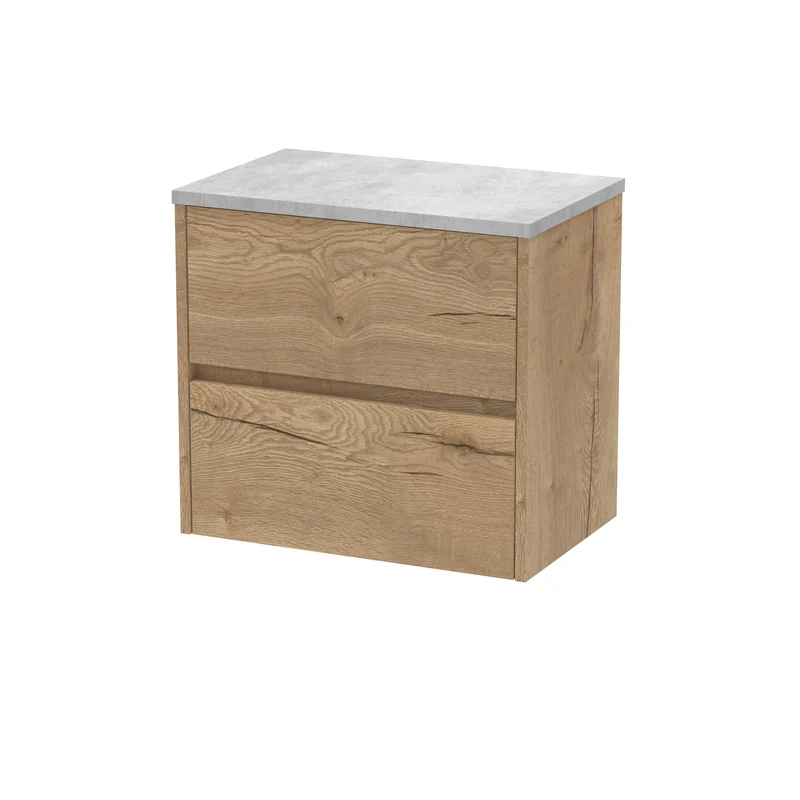 Havana 600mm Wall Hung 2 Drawer Vanity Unit & Bellato Grey Laminate Worktop - Autumn Oak Woodgrain