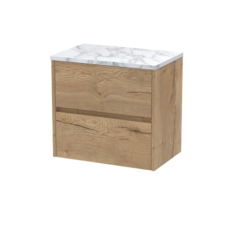 Havana 600mm Wall Hung 2 Drawer Vanity Unit & Carrera Marble Laminate Worktop - Autumn Oak Woodgrain