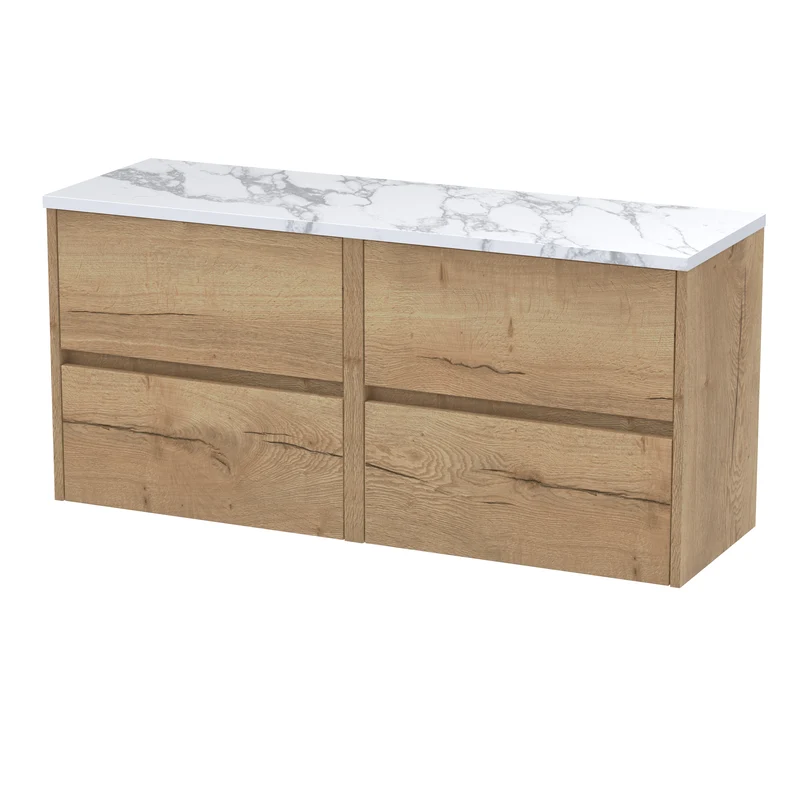 Havana 1200mm Wall Hung 4 Drawer Vanity Unit & Carrera Marble Laminate Worktop - Autumn Oak Woodgrain