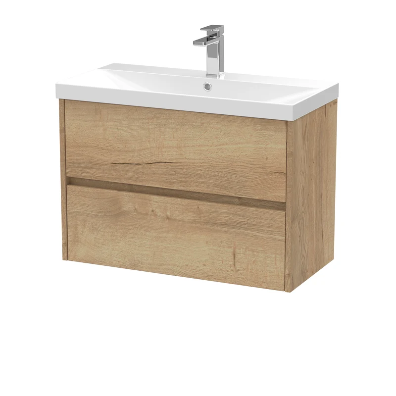 Havana 800mm Wall Hung 2 Drawer Vanity Unit & Thin Edge Ceramic Basin - Autumn Oak Woodgrain