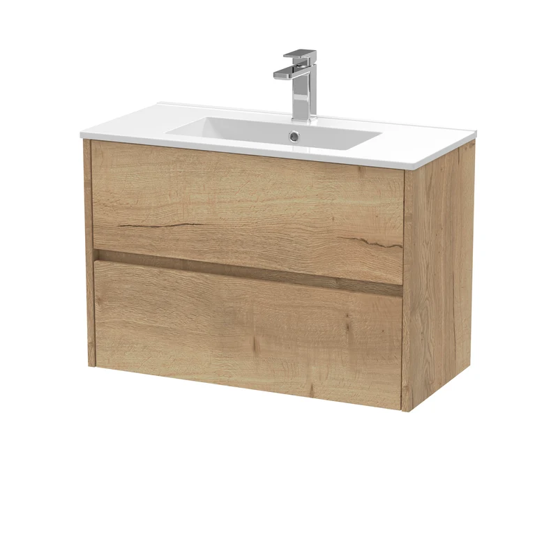 Havana 800mm Wall Hung 2 Drawer Vanity Unit & Minimalist Ceramic Basin - Autumn Oak Woodgrain