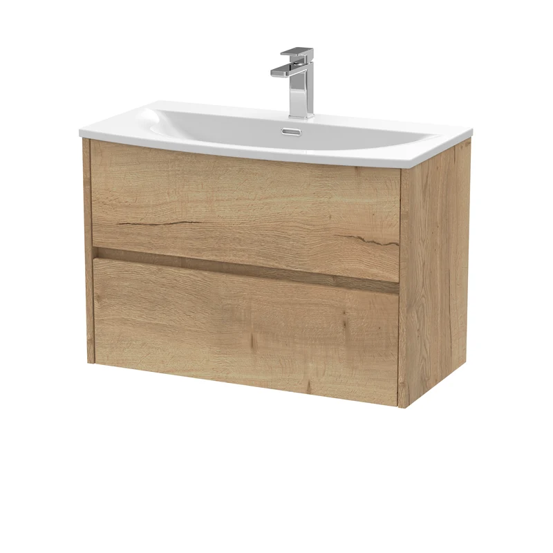 Havana 800mm Wall Hung 2 Drawer Vanity Unit & Curved Ceramic Basin - Autumn Oak Woodgrain