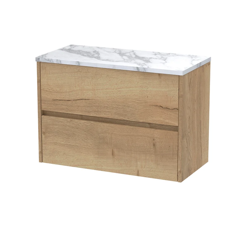 Havana 800mm Wall Hung 2 Drawer Vanity Unit & Carrera Marble Laminate Worktop - Autumn Oak Woodgrain