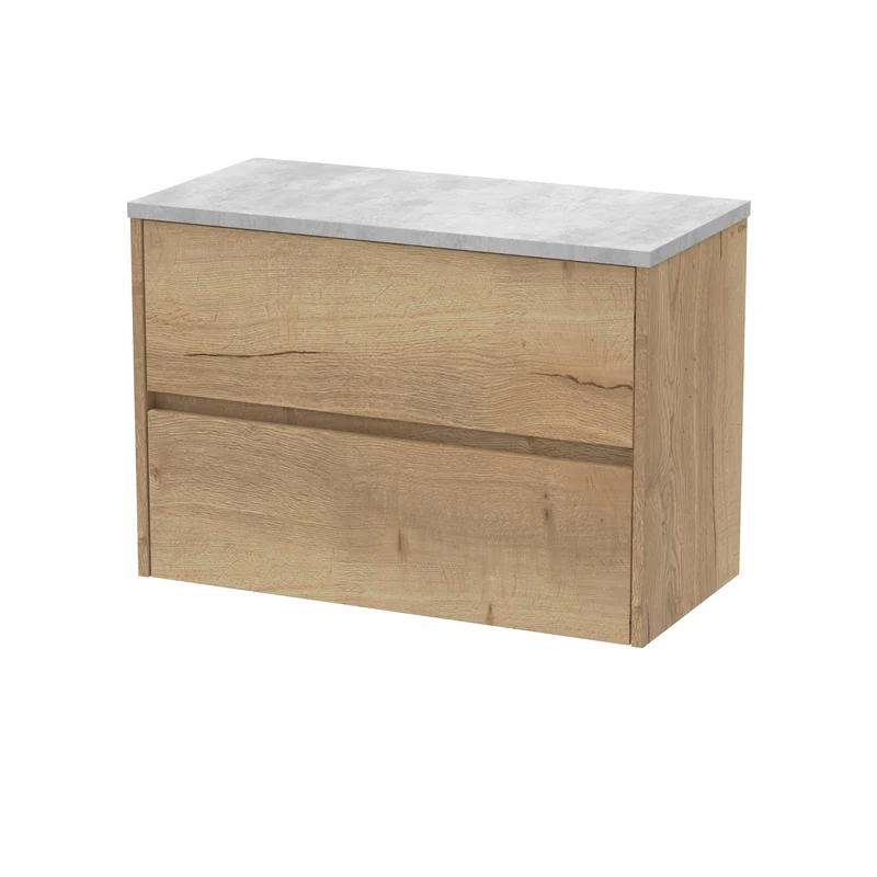 Havana 800mm Wall Hung 2 Drawer Vanity Unit & Bellato Grey Laminate Worktop - Autumn Oak Woodgrain