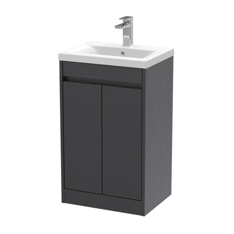 Havana 500mm Floor Standing 2 Door Vanity Unit With Mid Edge Ceramic Basin - Graphite Grey Woodgrain