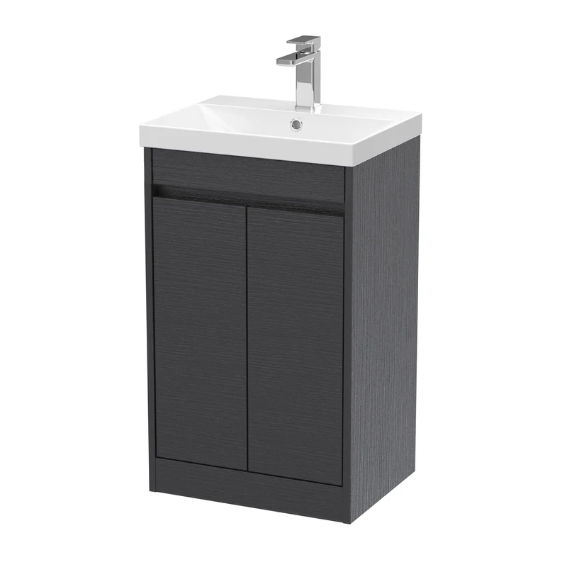 Havana 500mm Floor Standing 2 Door Vanity Unit With Thin Edge Ceramic Basin - Graphite Grey Woodgrain