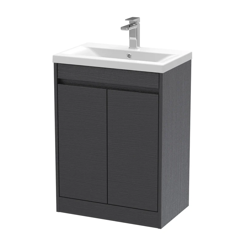 Havana 600mm Floor Standing 2 Door Vanity Unit With Mid Edge Ceramic Basin - Graphite Grey Woodgrain