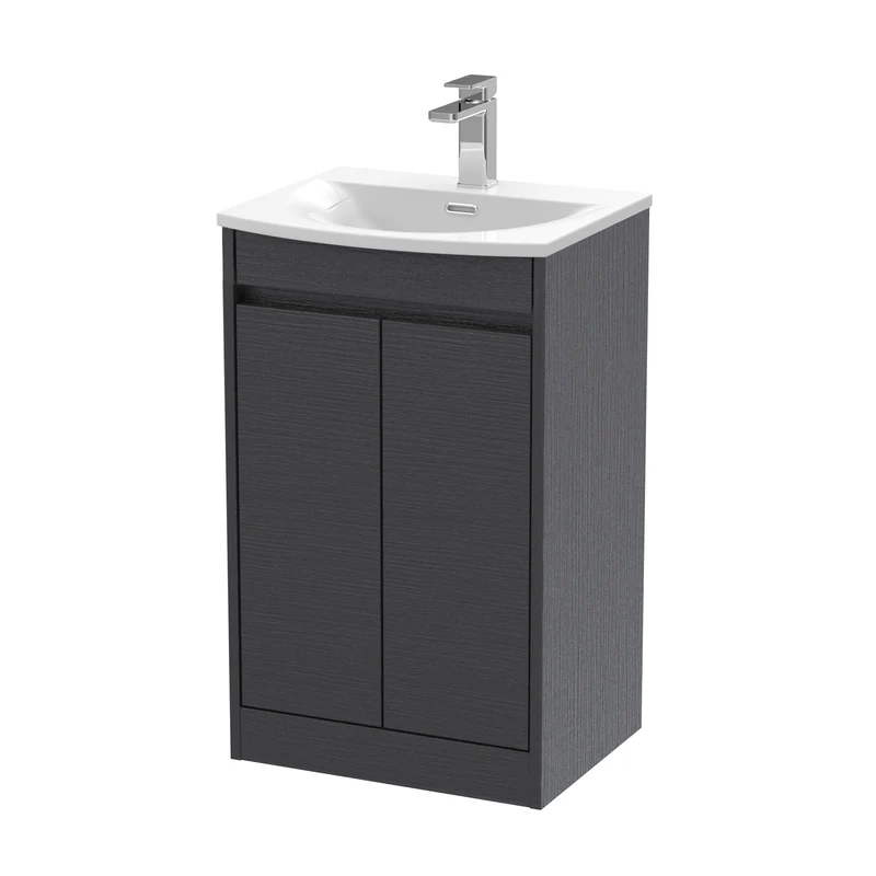 Havana 500mm Floor Standing 2 Door Vanity Unit With Curved Ceramic Basin - Graphite Grey Woodgrain