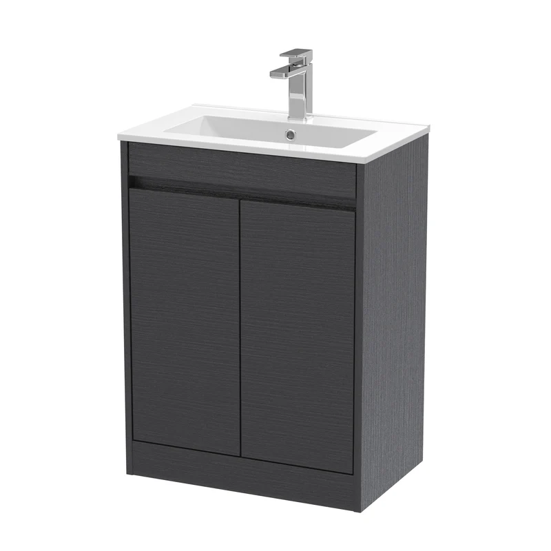 Havana 600mm Floor Standing 2 Door Vanity Unit With Minimalist Basin - Graphite Grey Woodgrain
