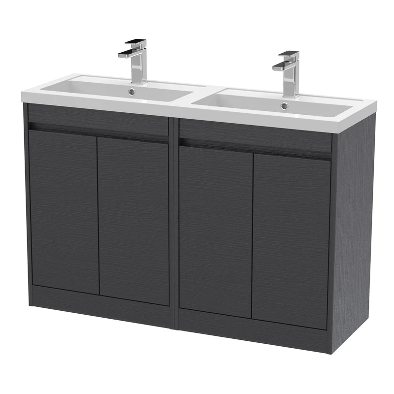 Havana 1200mm Floor Standing 4 Door Vanity Unit With Double Polymarble Basin - Graphite Grey Woodgrain