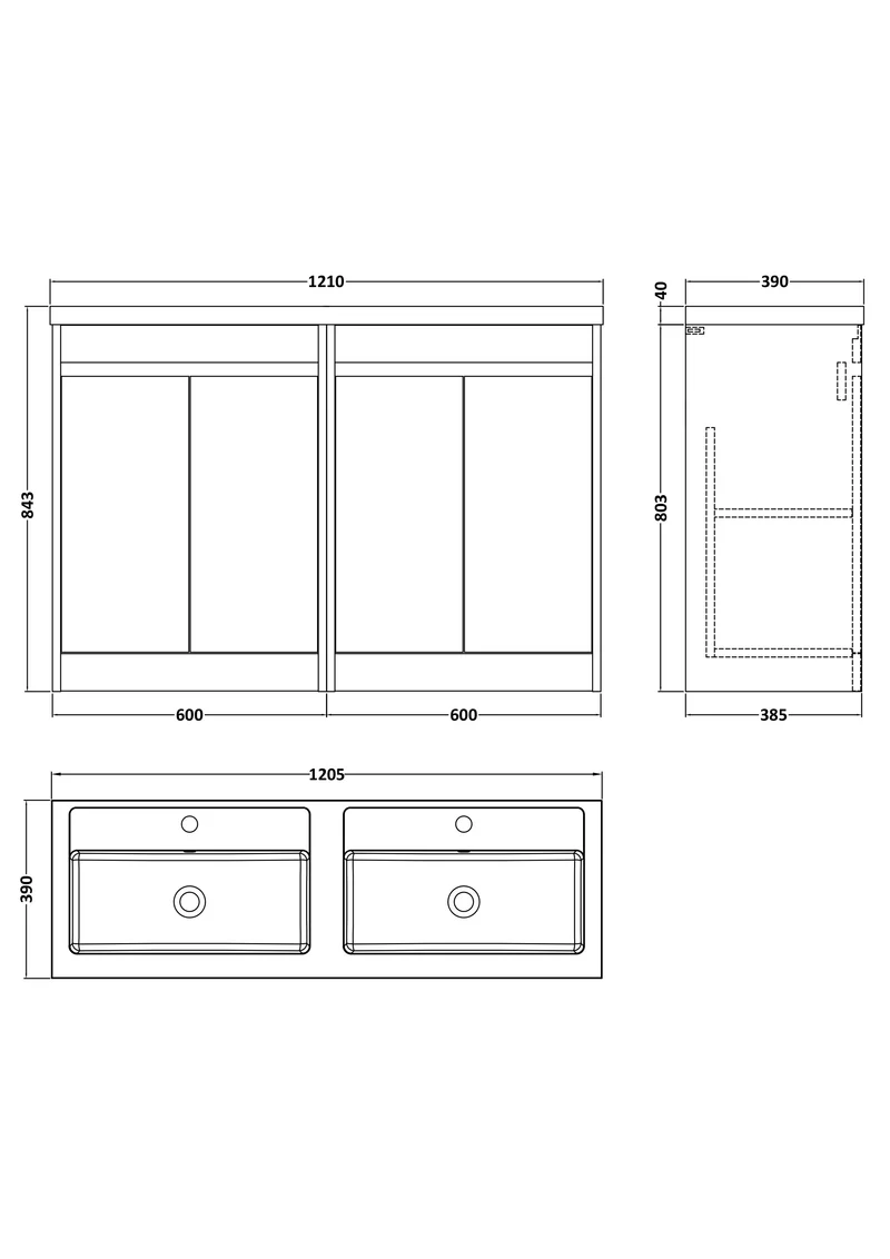 Havana 1200mm Floor Standing 4 Door Vanity Unit With Double Polymarble Basin - Graphite Grey Woodgrain