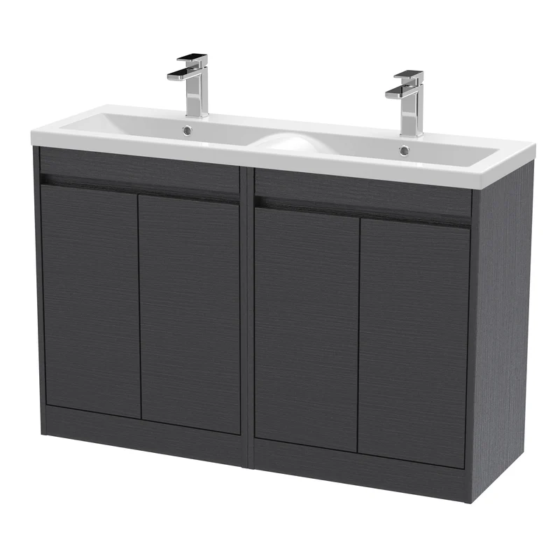 Havana 1200mm Floor Standing 4 Door Vanity Unit With Double Ceramic Basin - Graphite Grey Woodgrain