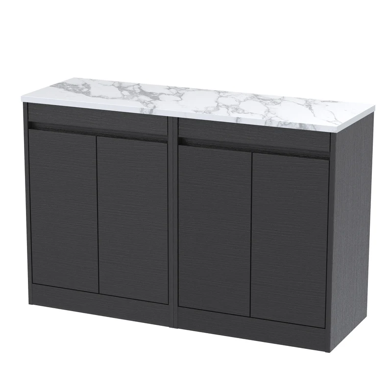 Havana 1200mm Floor Standing 4 Door Vanity Unit & Carrera Marble Laminate Worktop - Graphite Grey Woodgrain