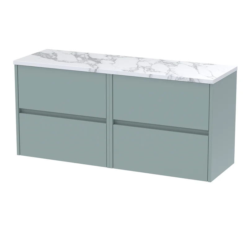 Havana 1200mm Wall Hung 4 Drawer Vanity Unit & Carrera Marble Laminate Worktop - Coastal Grey Matt