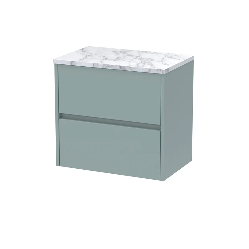 Havana 600mm Wall Hung 2 Drawer Vanity Unit & Carrera Marble Laminate Worktop - Coastal Grey Matt
