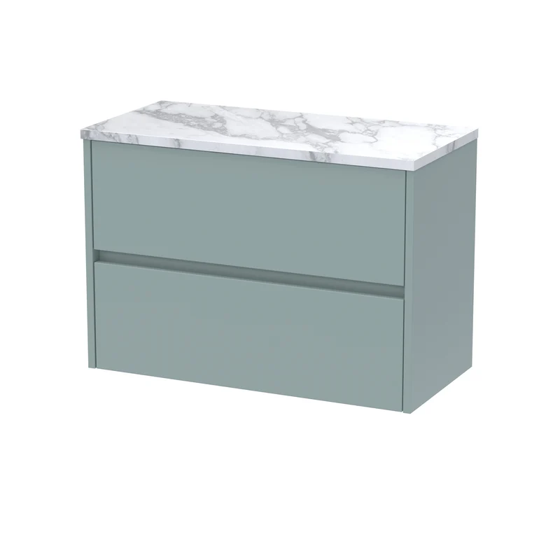 Havana 800mm Wall Hung 2 Drawer Vanity Unit & Carrera Marble Laminate Worktop - Coastal Grey Matt