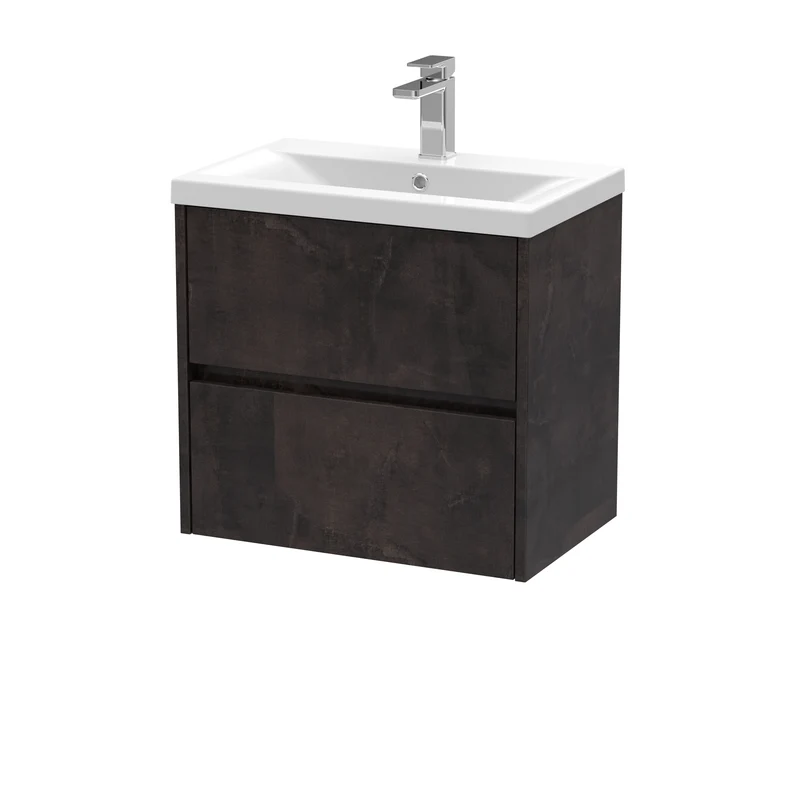 Havana 600mm Wall Hung 2 Drawer Vanity Unit & Mid Edge Ceramic Basin - Metallic Slate Textured Matt