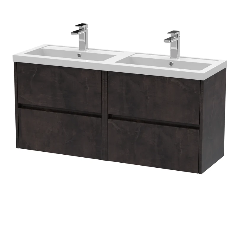 Havana 1200mm Wall Hung 4 Drawer Vanity Unit & Double Polymarble Basin - Metallic Slate Textured Matt