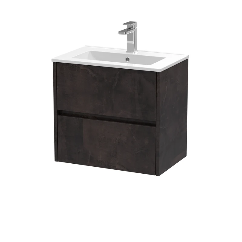 Havana 600mm Wall Hung 2 Drawer Vanity Unit & Minimalist Ceramic Basin - Metallic Slate Textured Matt