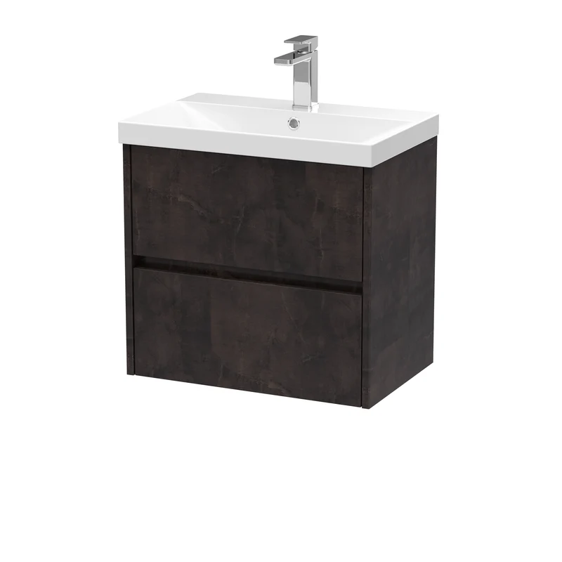 Havana 600mm Wall Hung 2 Drawer Vanity Unit & Thin Edge Ceramic Basin - Metallic Slate Textured Matt