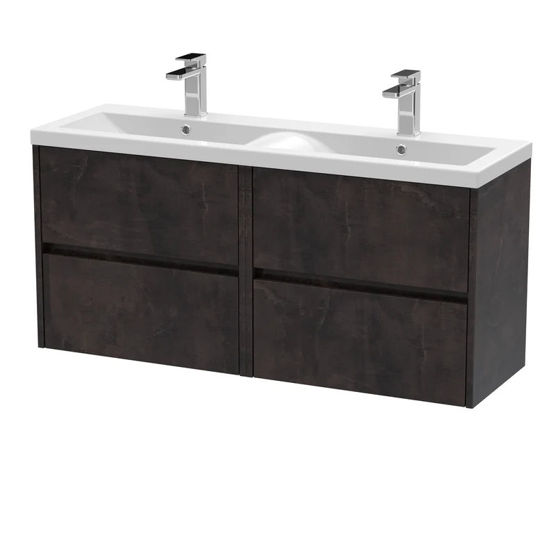 Havana 1200mm Wall Hung 4 Drawer Vanity Unit & Double Ceramic Basin - Metallic Slate Textured Matt