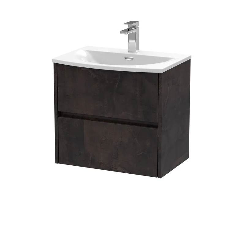 Havana 600mm Wall Hung 2 Drawer Vanity Unit & Curved Ceramic Basin - Metallic Slate Textured Matt