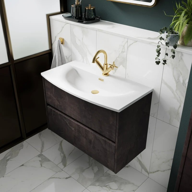 Havana 600mm Wall Hung 2 Drawer Vanity Unit & Curved Ceramic Basin - Metallic Slate Textured Matt