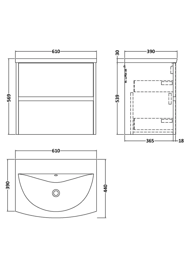 Havana 600mm Wall Hung 2 Drawer Vanity Unit & Curved Ceramic Basin - Metallic Slate Textured Matt