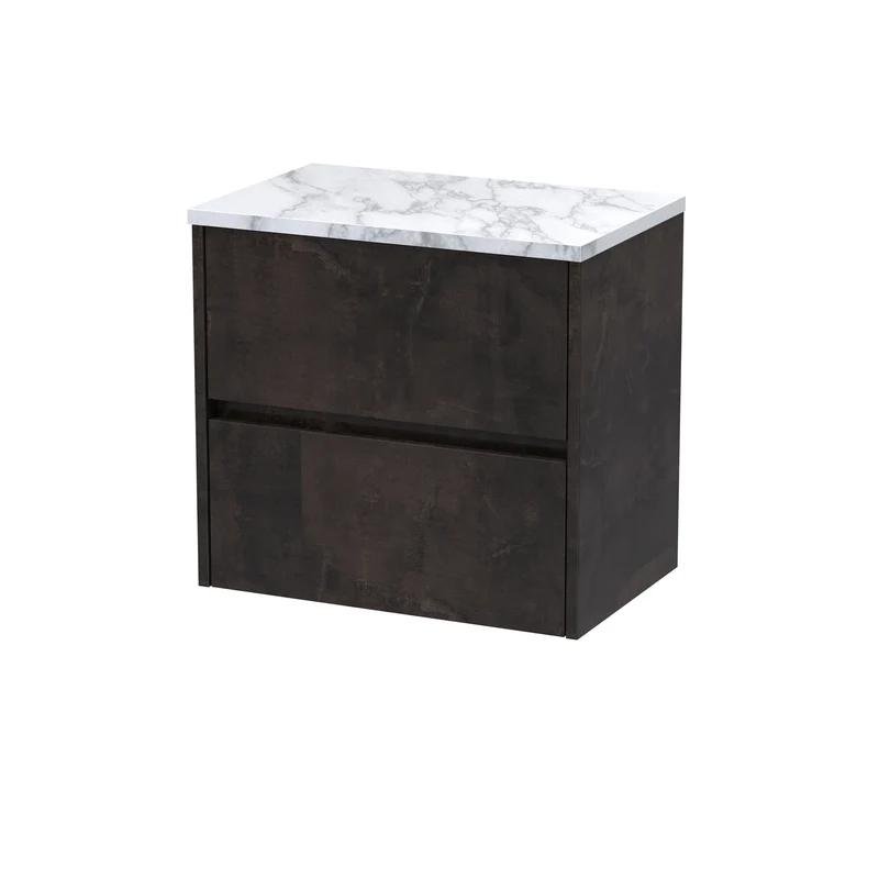 Havana 600mm Wall Hung 2 Drawer Vanity Unit & Carrera Marble Laminate Worktop - Metallic Slate Textured Matt