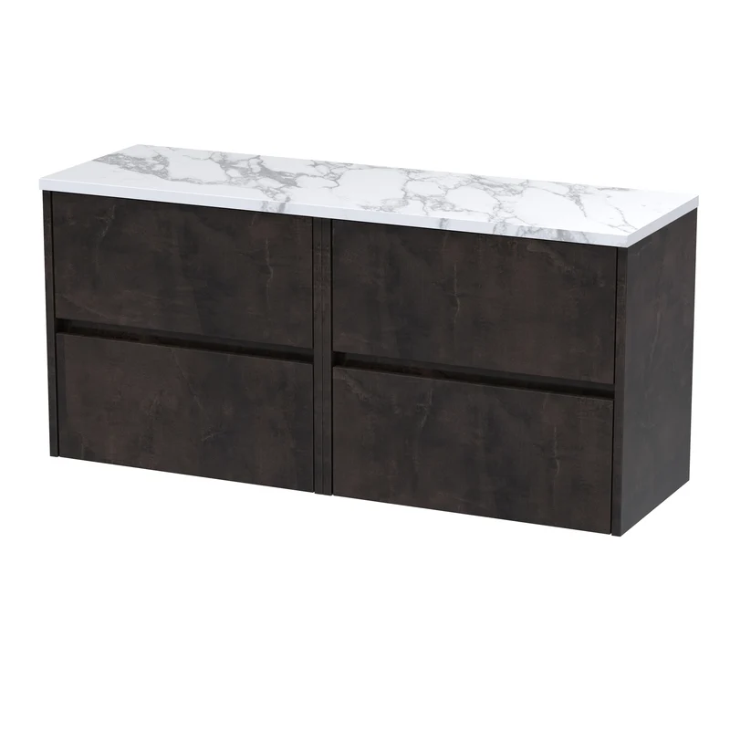 Havana 1200mm Wall Hung 4 Drawer Vanity Unit & Carrera Marble Laminate Worktop - Metallic Slate Textured Matt