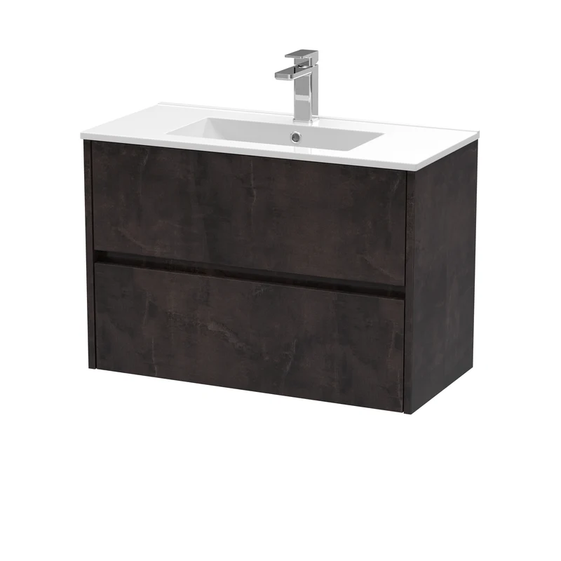 Havana 800mm Wall Hung 2 Drawer Vanity Unit & Minimalist Ceramic Basin - Metallic Slate Textured Matt