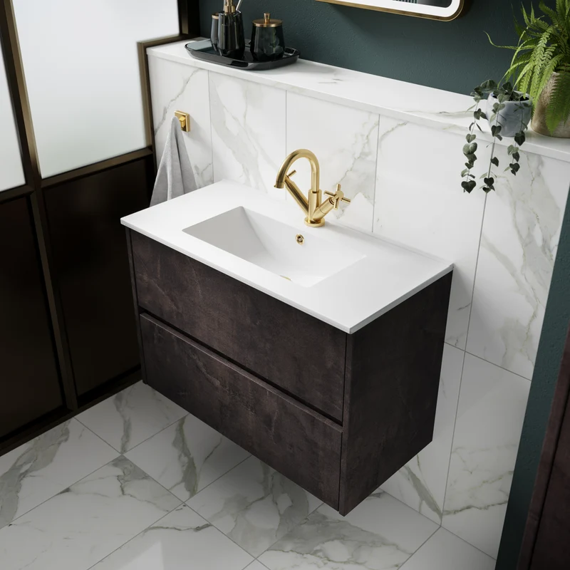Havana 800mm Wall Hung 2 Drawer Vanity Unit & Minimalist Ceramic Basin - Metallic Slate Textured Matt