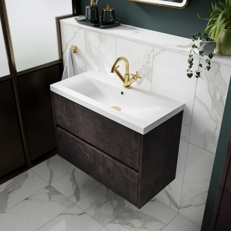 Havana 800mm Wall Hung 2 Drawer Vanity Unit & Mid Edge Ceramic Basin - Metallic Slate Textured Matt